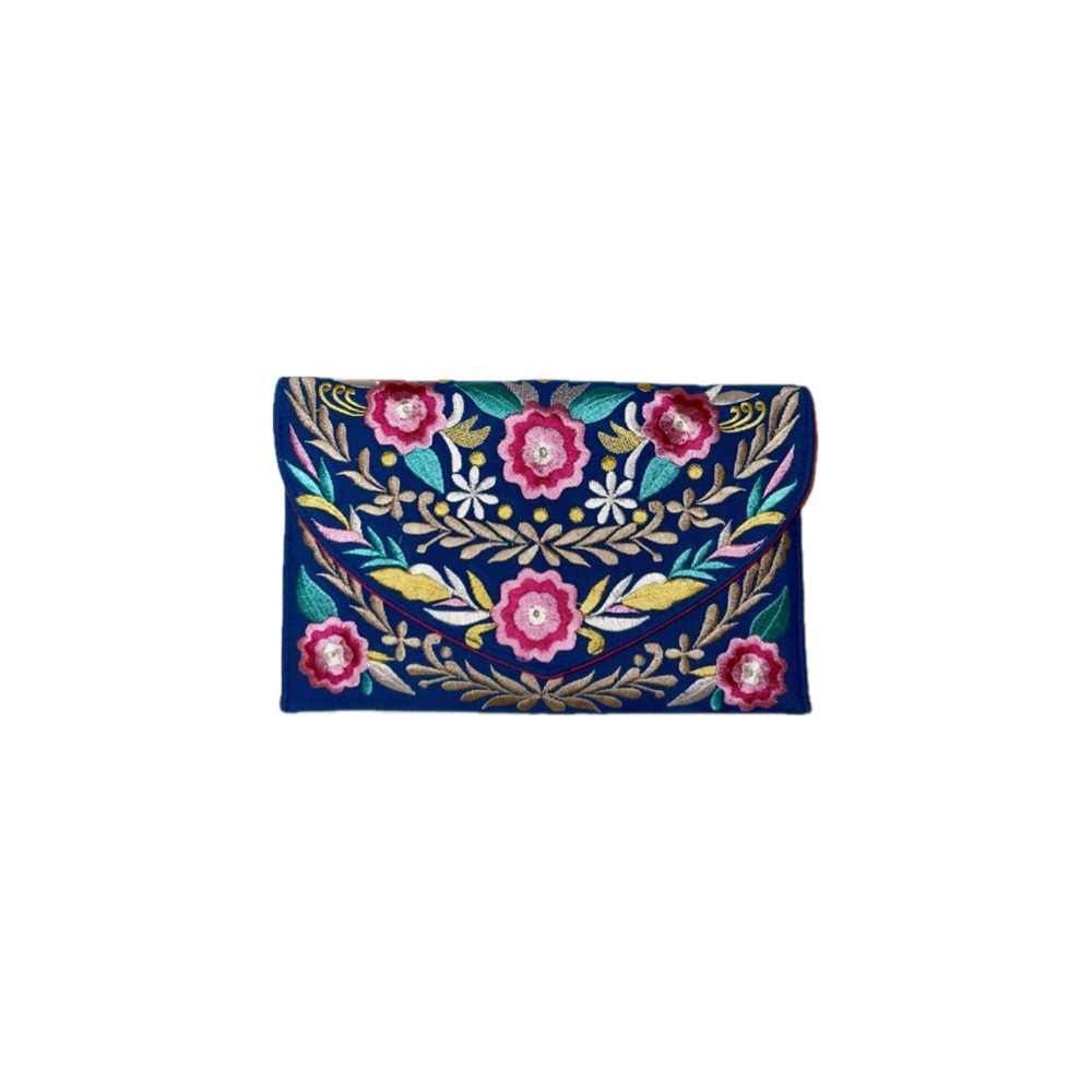 Mure & Grand Embroidered Floral Clutch Crossbody Purse in Blue, Pink, and Yellow